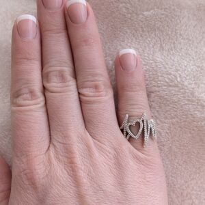 Sterling Silver Diamond “LOVE” Ring 925 Heart Pave Band Size 5